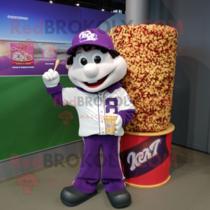 Purple Pop Corn mascot costume character dressed with a Baseball Tee and Digital watches