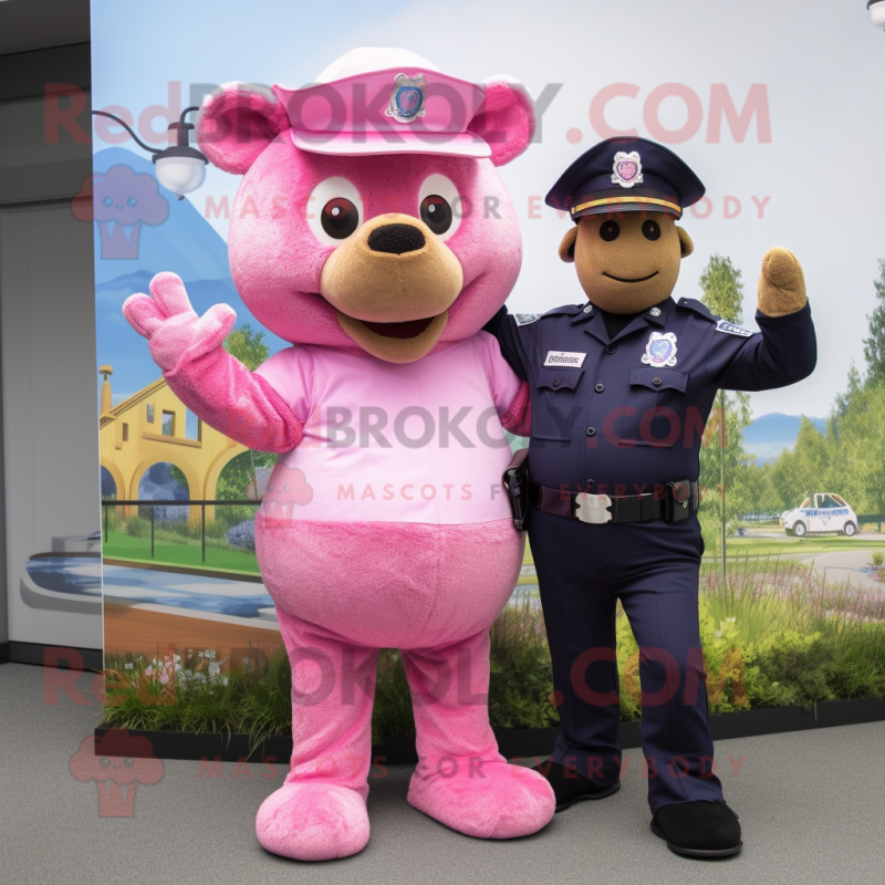 Pink Police Officer mascot costume character dressed with a Corduroy Pants and Cummerbunds