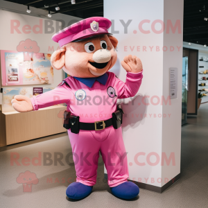 Pink Police Officer mascot costume character dressed with a Corduroy Pants and Cummerbunds