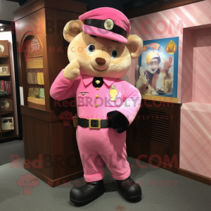 Pink Police Officer mascot costume character dressed with a Corduroy Pants and Cummerbunds
