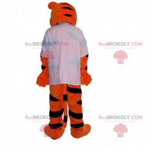 Mascotte tigre arancione e nera con una maglia sportiva -