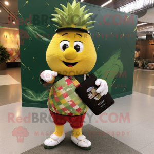 Olive Pineapple mascot costume character dressed with a Rugby Shirt and Wallets