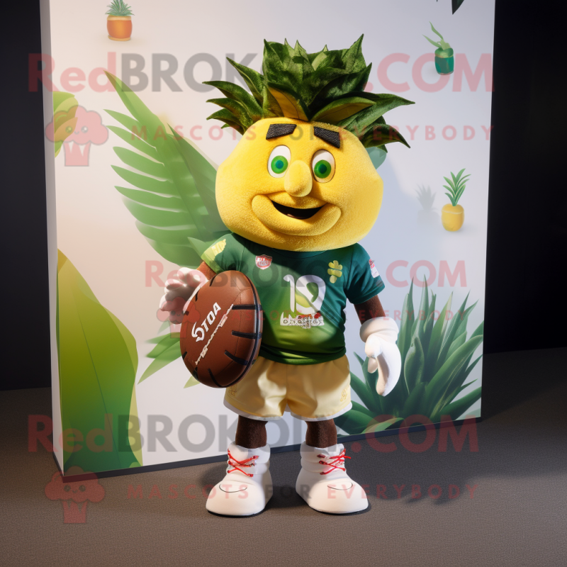 Olive Pineapple mascot costume character dressed with a Rugby Shirt and Wallets