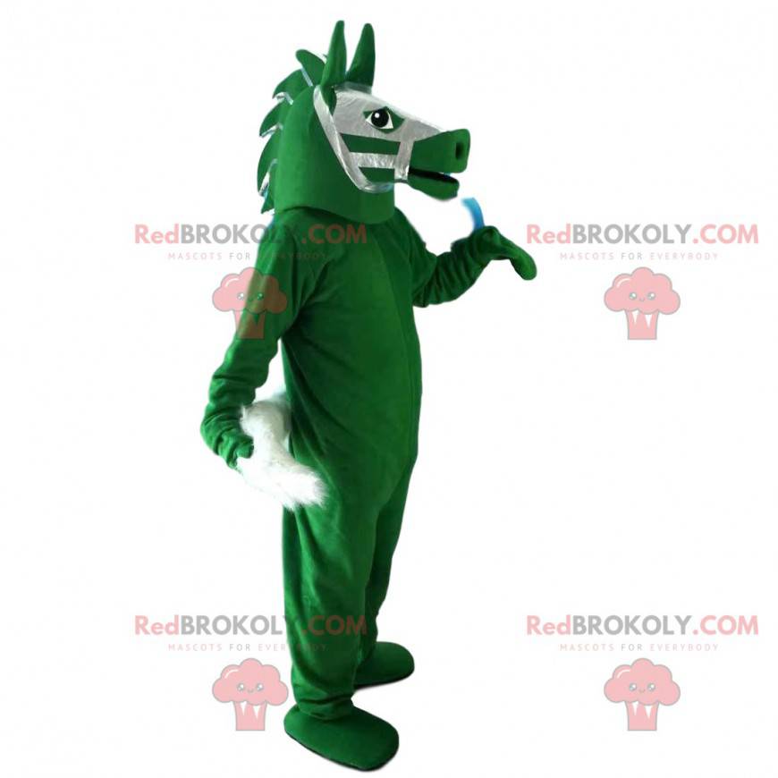 Green horse mascot, riding costume, equestrian center -