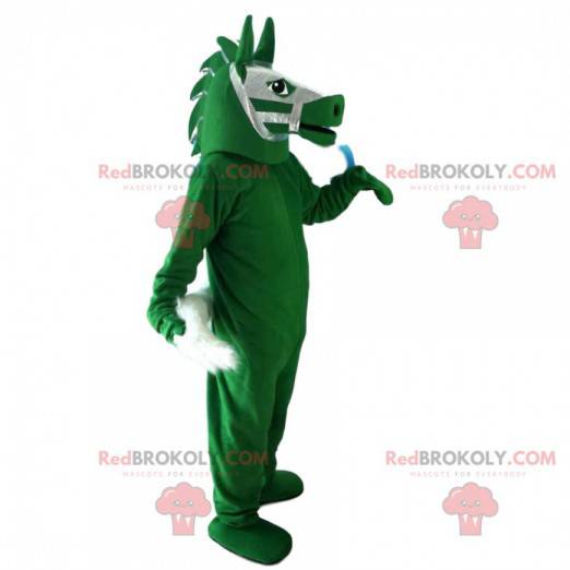 Mascotte groen paard, rijkostuum, manege - Redbrokoly.com