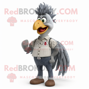 Gray Rooster mascot costume character dressed with a Jeans and Hair clips