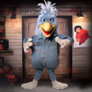 Gray Rooster mascot costume character dressed with a Jeans and Hair clips