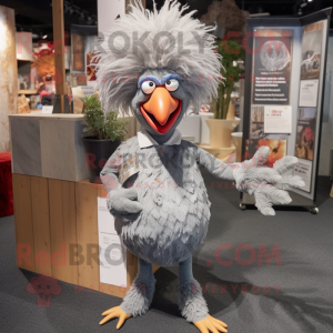 Gray Rooster mascot costume character dressed with a Jeans and Hair clips