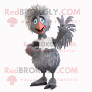 Gray Rooster mascot costume character dressed with a Jeans and Hair clips