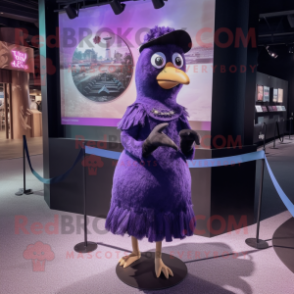 Purple Blackbird mascot costume character dressed with a Empire Waist Dress and Hairpins