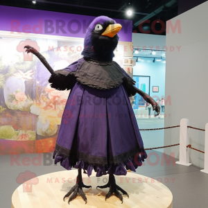 Purple Blackbird mascot costume character dressed with a Empire Waist Dress and Hairpins