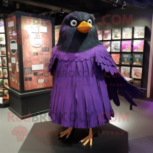 Purple Blackbird mascot costume character dressed with a Empire Waist Dress and Hairpins