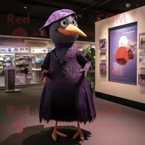 Purple Blackbird mascot costume character dressed with a Empire Waist Dress and Hairpins