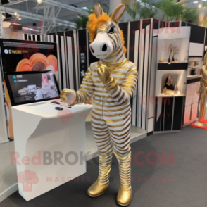 Gold Zebra mascot costume character dressed with a Blouse and Earrings