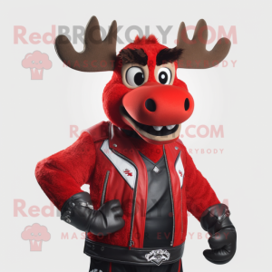 Red Reindeer mascot costume character dressed with a Moto Jacket and Earrings