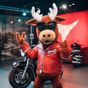 Red Reindeer mascot costume character dressed with a Moto Jacket and Earrings