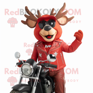 Red Reindeer mascot costume character dressed with a Moto Jacket and Earrings