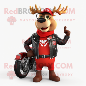 Red Reindeer mascot costume character dressed with a Moto Jacket and Earrings