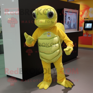 Lemon Yellow Turtle mascot costume character dressed with a Leggings and Coin purses
