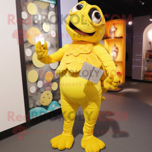 Lemon Yellow Turtle mascot costume character dressed with a Leggings and Coin purses