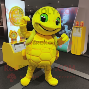 Lemon Yellow Turtle mascot costume character dressed with a Leggings and Coin purses