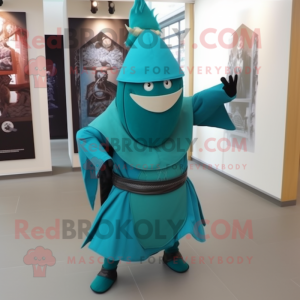 Teal Samurai mascot costume character dressed with a Sheath Dress and Scarf clips