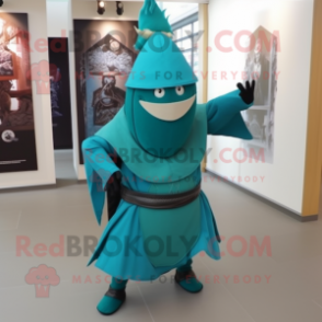 Teal Samurai mascot costume character dressed with a Sheath Dress and Scarf clips