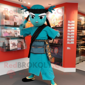 Teal Samurai mascot costume character dressed with a Sheath Dress and Scarf clips