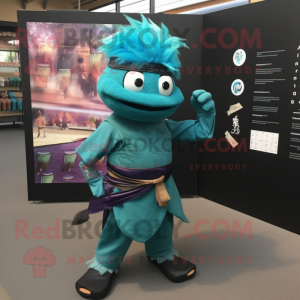 Teal Samurai mascot costume character dressed with a Sheath Dress and Scarf clips