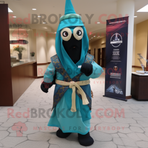 Teal Samurai mascot costume character dressed with a Sheath Dress and Scarf clips