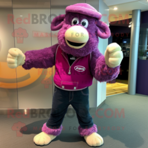 Magenta Suffolk Sheep mascot costume character dressed with a Bootcut Jeans and Gloves