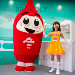 Cream Bottle Of Ketchup mascot costume character dressed with a One-Piece Swimsuit and Anklets