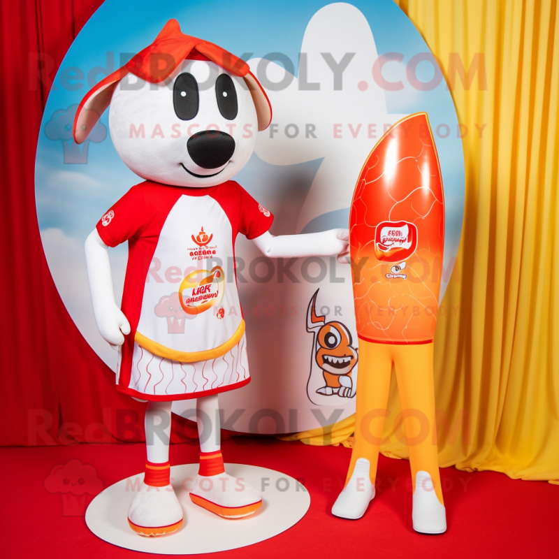 Cream Bottle Of Ketchup mascot costume character dressed with a One-Piece Swimsuit and Anklets Cream Bottle Of Ketchup mascot costume character dressed with a One-Piece Swimsuit and Anklets