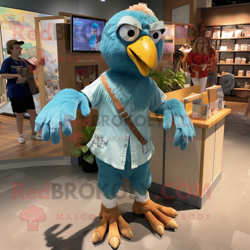 Teal Archeopteryx mascot costume character dressed with a Chambray Shirt and Anklets