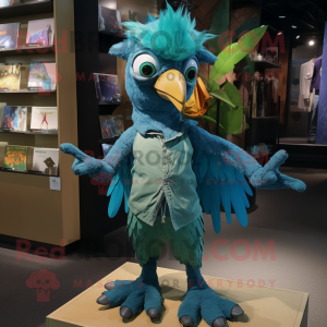 Teal Archeopteryx mascot costume character dressed with a Chambray Shirt and Anklets