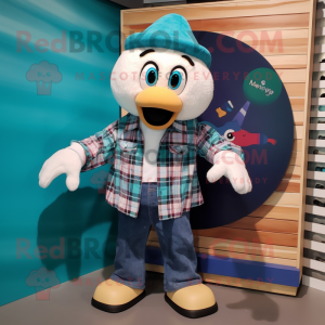 Teal Plate Spinner mascot costume character dressed with a Flannel Shirt and Brooches
