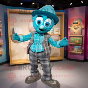 Teal Plate Spinner mascot costume character dressed with a Flannel Shirt and Brooches