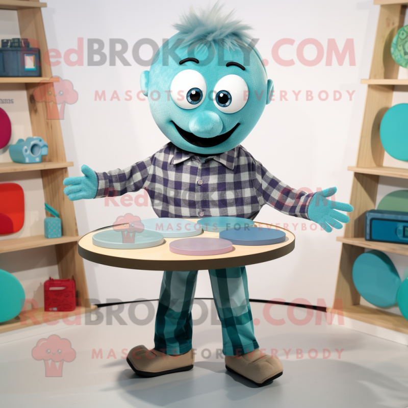 Teal Plate Spinner mascot costume character dressed with a Flannel Shirt and Brooches