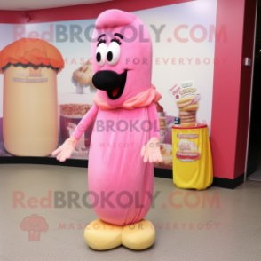 Pink Hot Dog mascot costume character dressed with a Evening Gown and Brooches