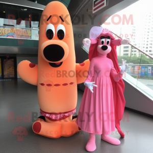 Pink Hot Dog mascot costume character dressed with a Evening Gown and Brooches