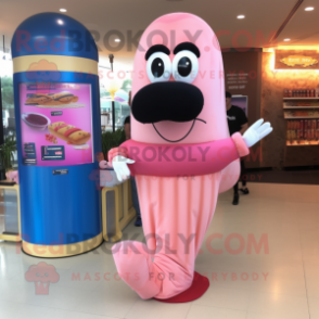 Pink Hot Dog mascot costume character dressed with a Evening Gown and Brooches