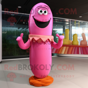 Pink Hot Dog mascot costume character dressed with a Evening Gown and Brooches