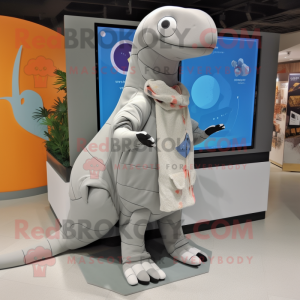 Gray Diplodocus mascot costume character dressed with a Shorts and Shawls