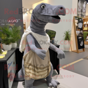 Gray Diplodocus mascot costume character dressed with a Shorts and Shawls