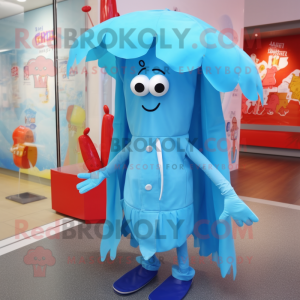 Sky Blue Shrimp Scampi mascot costume character dressed with a Raincoat and Hair clips