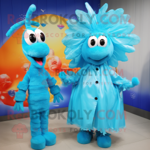 Sky Blue Shrimp Scampi mascot costume character dressed with a Raincoat and Hair clips