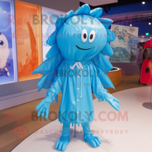 Sky Blue Shrimp Scampi mascot costume character dressed with a Raincoat and Hair clips