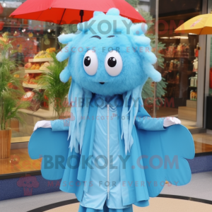 Sky Blue Shrimp Scampi mascot costume character dressed with a Raincoat and Hair clips