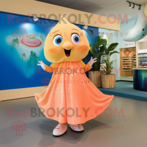 Peach Stingray mascot costume character dressed with a Wrap Dress and Anklets