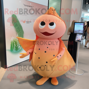 Peach Stingray mascot costume character dressed with a Wrap Dress and Anklets